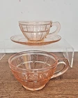 PINK DEPRESSION GLASS DORIC TWO CUPS & ONE SAUCER SET - JEANNETTE GLASS