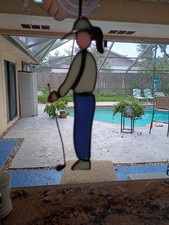 VTG STAINED GLASS SUNCATCHER HANGS FROM WINDOW Lady Golfer 6 IN X 2 1/4 IN