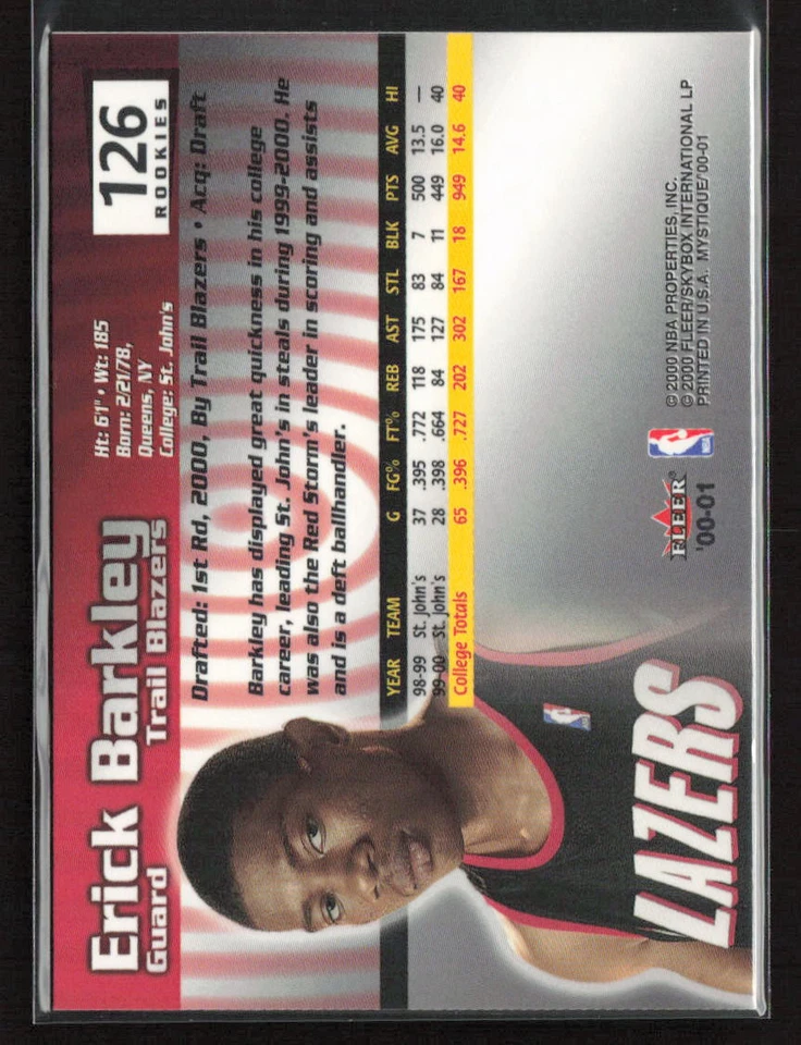 Erick Barkley 2000-01 Fleer Mystique #126 /4000 Portland Trail Blazers - Image 2 of 2