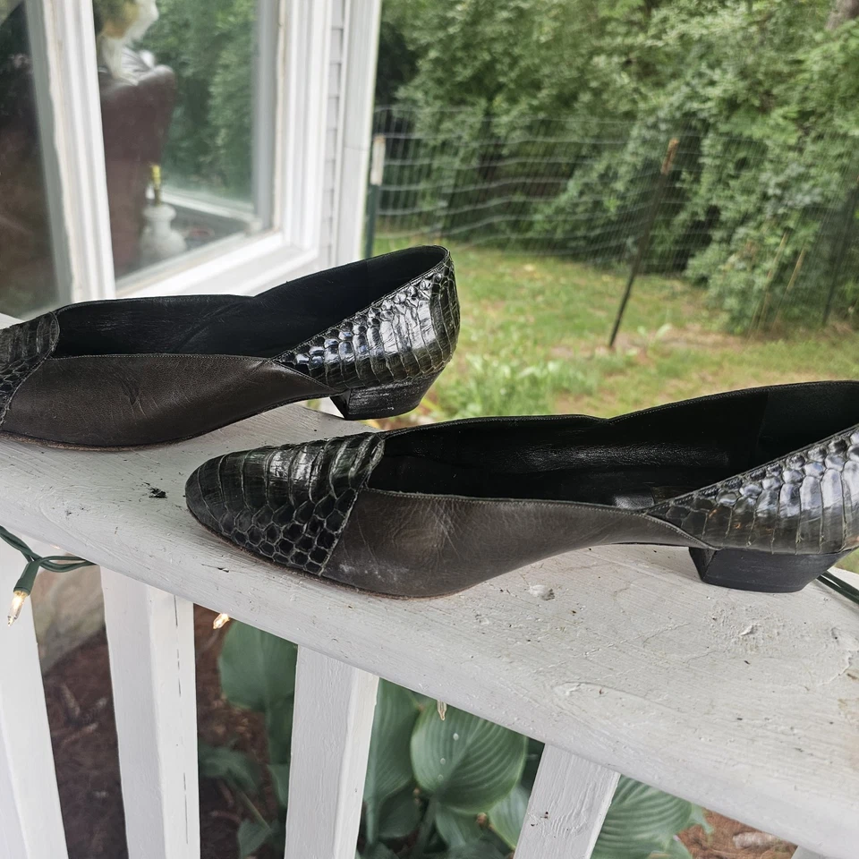Anne Klein женщин 10 М кожаные туфли без шнурков зеленый аллигатор кожи винтажный Италии  - Изображение 2 из 4