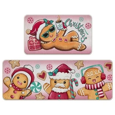 2 PCS Christmas Gingerbread Man Kitchen Mat Set 17x29 17x47 inch Pink Decor