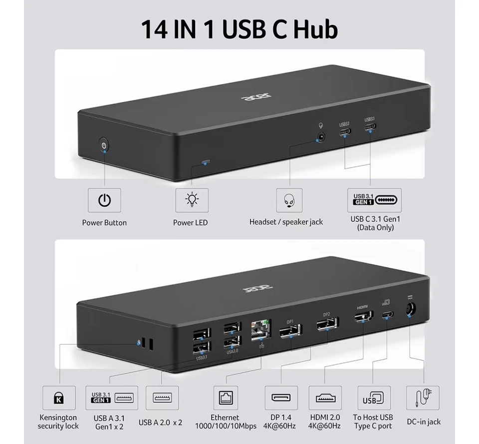 Docking station USB-C Acer 11 em 1 4K@60Hz monitor triplo DP+HDMI Ethernet - Imagem 2 de 4