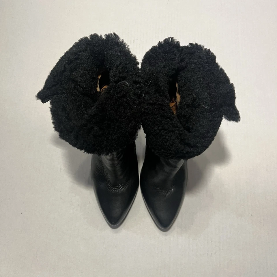现代复古女式 37.5/US 7 黑色皮革高跟剪绒靴 — 第 4/4 张图片