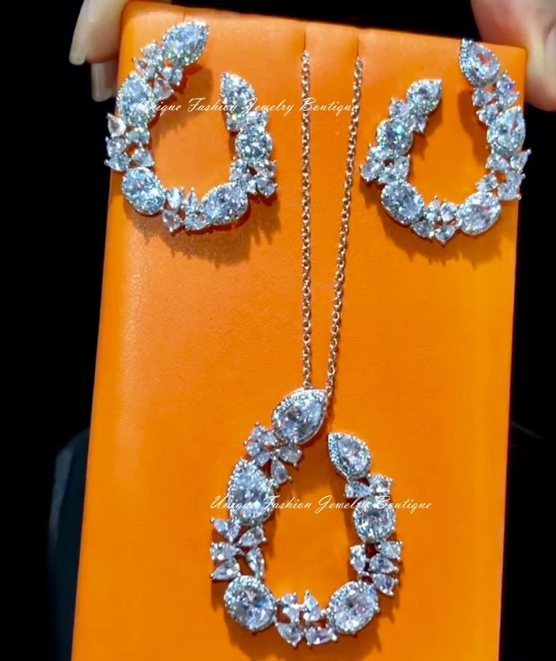 18k White Gold Plated Lab-Created Sapphire Necklace Earrings Bridal Jewelry Set - Image 4 of 4