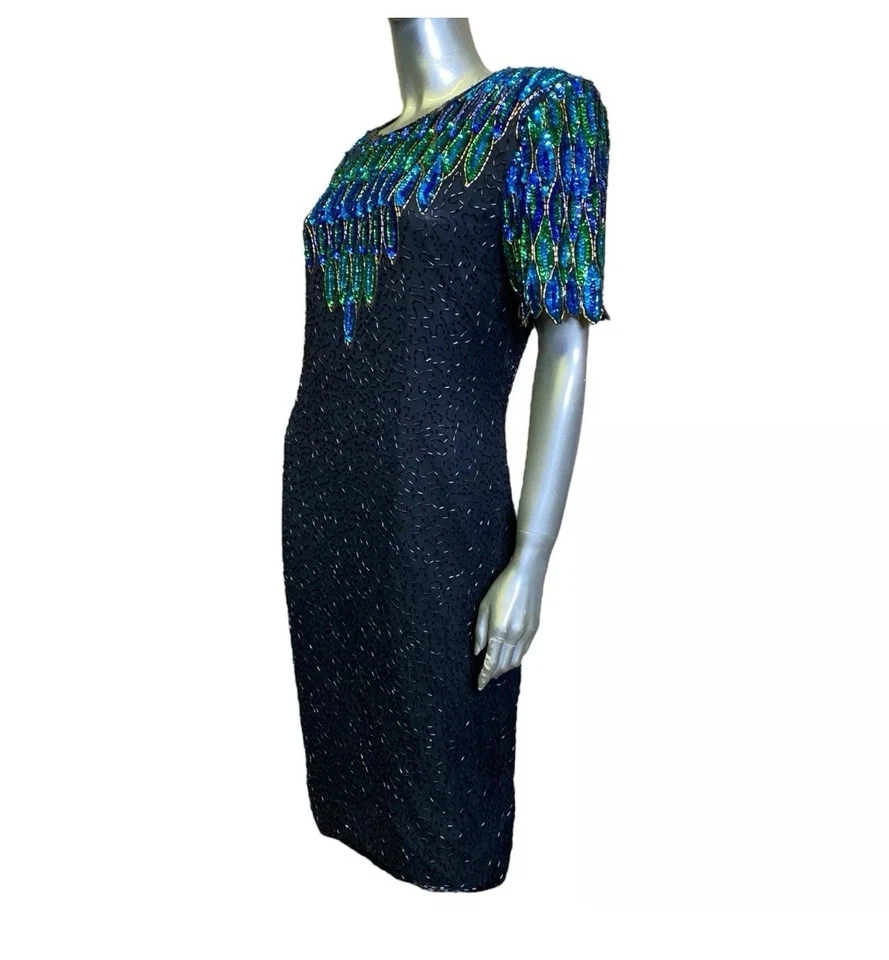 Stenay Vintage Dress 16 Sequins Silk Short Sleeve Beaded Peacock Design Cocktail - Image 4 of 4