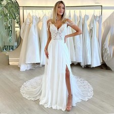 Beach Chiffon Wedding Dresses with Slit Lace V Neck Backless A Line Bridal Gowns