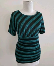 AB Studio Top Green Black Striped Short Sleeve Ruched Size L