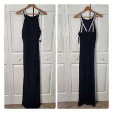 Betsy  Adam Navy Blue Rhinestone Strap Halter Ruched Evening Gown Dress 12 NEW