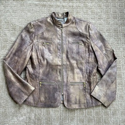 Chico s Faux Leather Jacket Women's Medium Metallic Brown Full Zip Quilted Light