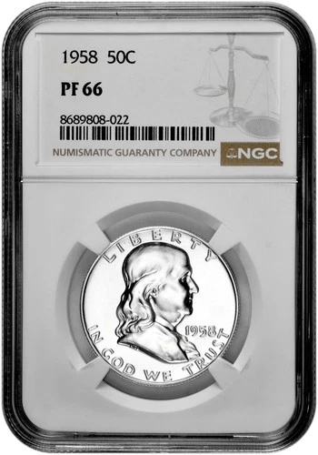 1958 50C Proof Silver Franklin Half Dollar NGC Graded PF 66 in New Holder