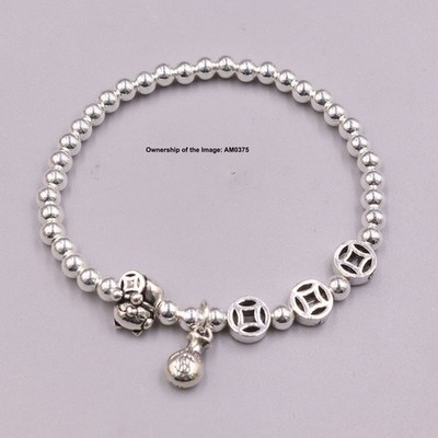 Echt S925 Sterling Silber Damen Armband 4mm Perle und Geldbeutel Glücksbringer