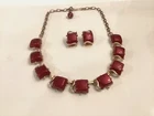1950s Vintage Fashion Costume Jewelry Red Lucite Gold Tone Necklace Earrings Set