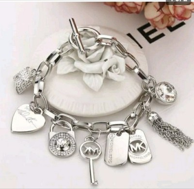 MK Michael Kors Charms Bracelet Bangle Womens Jewelry  Silver Tone Key