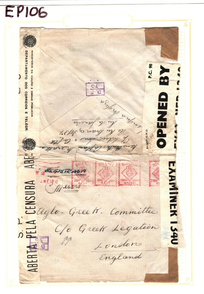 BRAZIL WW2 Cover *GREEK LEGATION* GB London MULTIPLE CENSOR 1943 {samwells}EP106 - Image 2 of 4