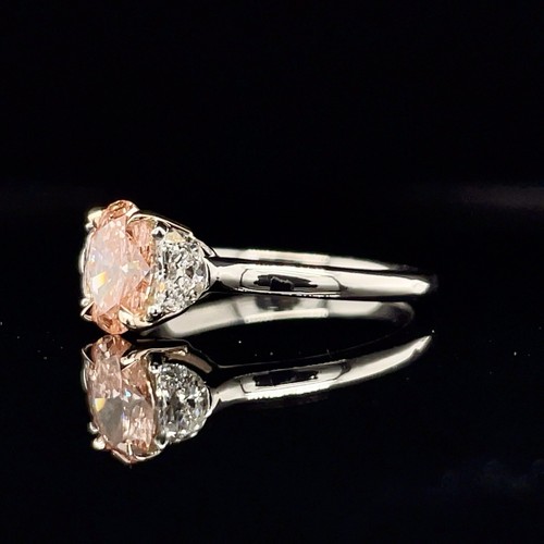 Fancy Vivid Oval Pink Diamond Lab Grown Ring W 2 Half Moons In Platinum - Picture 3 of 7