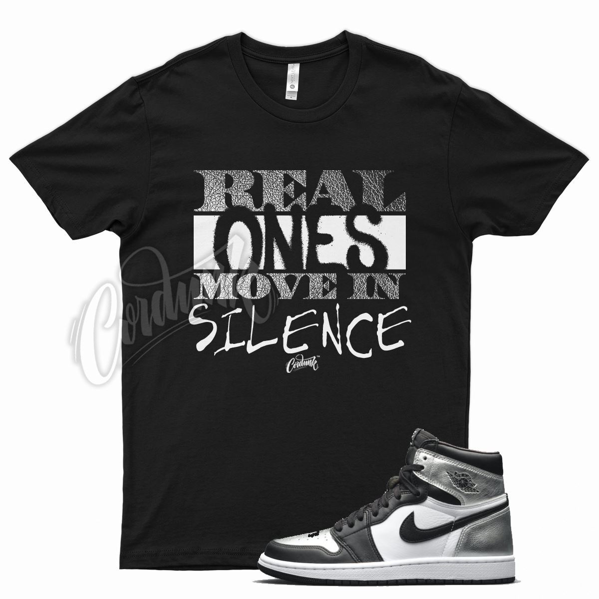 Black REAL ONES T Shirt to match J1 Metallic Silver Toe Air