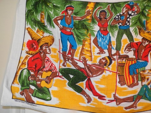 Vintage Dunmoy Irish Linen Tea Towel Native Islanders Palm Trees Limbo - Picture 2 of 6