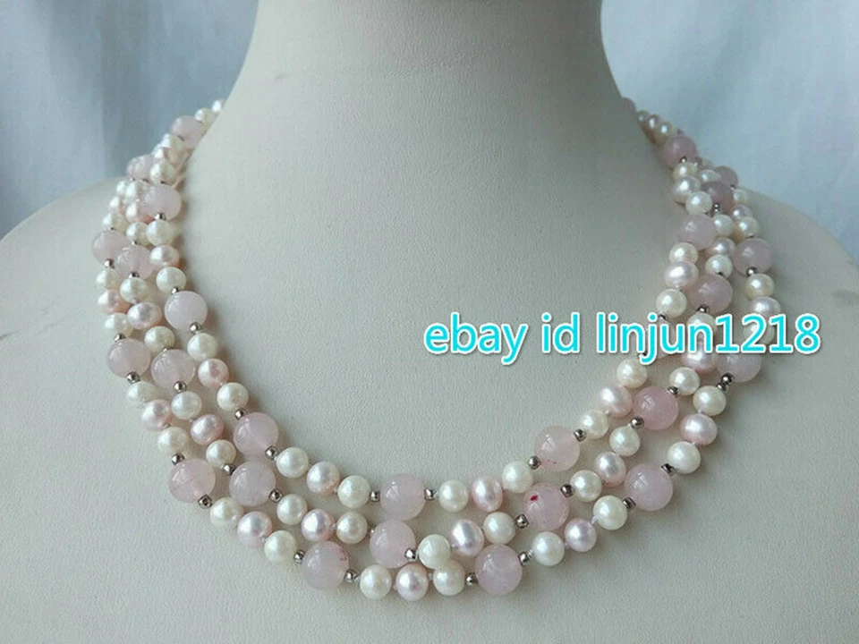 Collar de cuarzo rosa redondo de jade de 8 mm de perlas blancas de agua dulce de 3 hilos de 7-8 mm 17-20" Foto 2 de 4