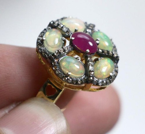 BAGUE ANCIENNE EN ARGENT MASSIF Avec énorme Rubis Naturel Et Opale - Taille 54, Style Art Déco