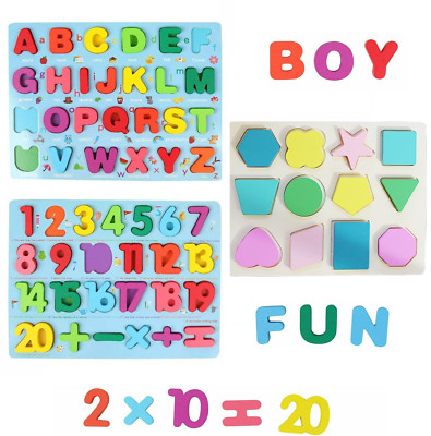 3 Pack Wooden Puzzles for Toddlers, Wooden Alphabet Number Shape Learning Puzzle