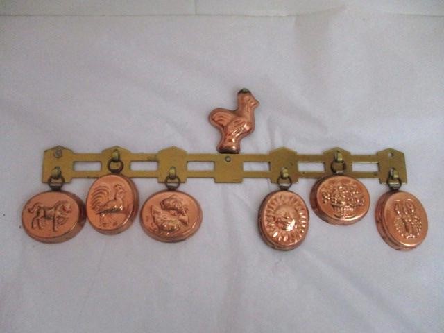 Vtg Tin Lined Miniature Copper Molds w/Hanging Rack-Chocolate/Jello/Butter