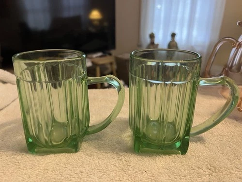 (2) Square Green Depression Glass Mugs / MINT