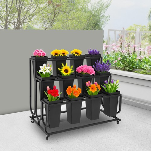 Metal Flower Display Stand Plant Shelf W/ Buckets Movable Floral ...