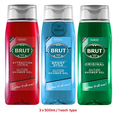 3 x 500ml Brut Shower Gel 500ml 1 Of Each variant, Original, Sports & Attraction