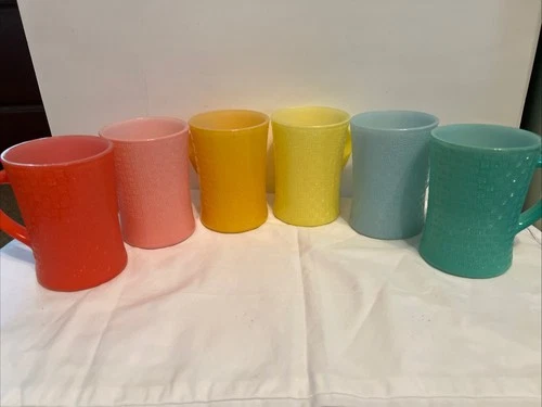 Lot Of 7 Vintage Glasbake J-2277 Milk Glass Mugs. Basketweave Pattern 1961-1983