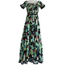 Charo Ruiz Ibiza Maxi Dress Cactus Print Smocked Off Shoulder Ruffle Women Small