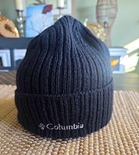 Columbia Black Knit Beanie Hat Logo Acrylic Stretch Unisex Adults One Size
