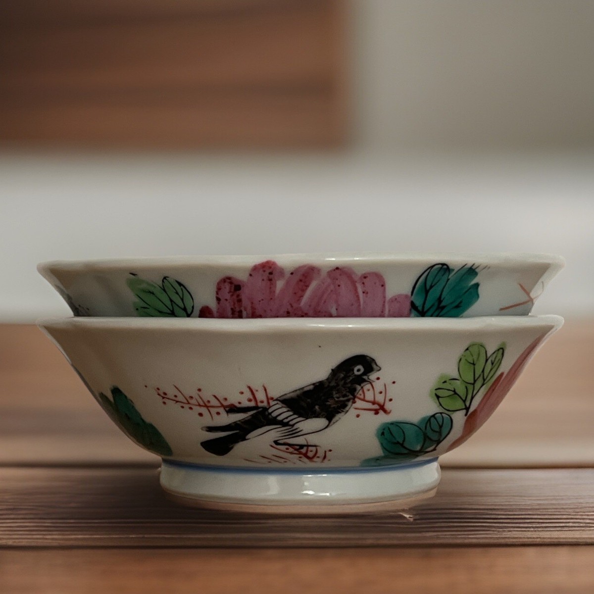 2 Vintage Japanese Porcelain Hand Painted Bowls Birds Flowers