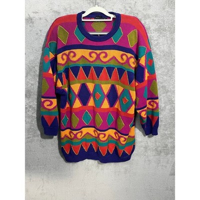 VTG 90s iB Diffusion Sweater 3X Abstract Colorful Embroidered Beads Coogi Style