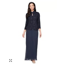 Alex Evenings Dress Womens 16 Navy Blue Sequin Jacket 2 Piece Formal Gown Set