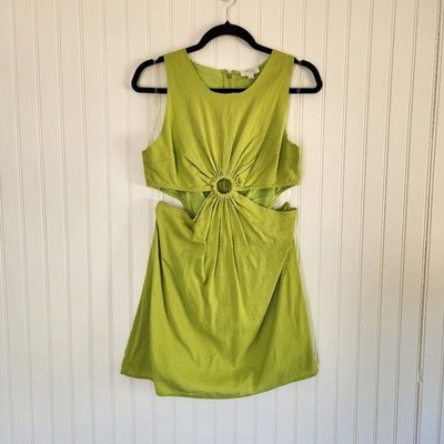 DIZZY LIZZY Lime Green Cotton Linen Natural Cut Out Mini Dress Large