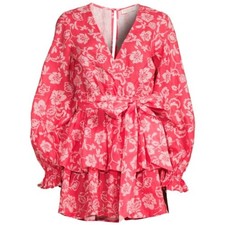 Ramy Brook Jolie Floral Mini Ruffle V Neck Tiered Puff Sleeve Dress Extra Small