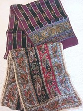 2 Long Pretty Vintage Silk Fashion Scarves 10x52 Berry Gold Red Cream Paisley St
