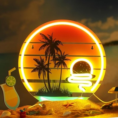 Tropical Neon Sign 11.8 Inch Palm Tree Sunset Neon Light for Wall Decor Colorful