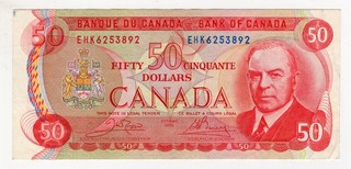 1975 BANK OF CANADA FIFTY 50 DOLLAR BANK NOTE EHK 6253892 NICE BILL MOUNTIES