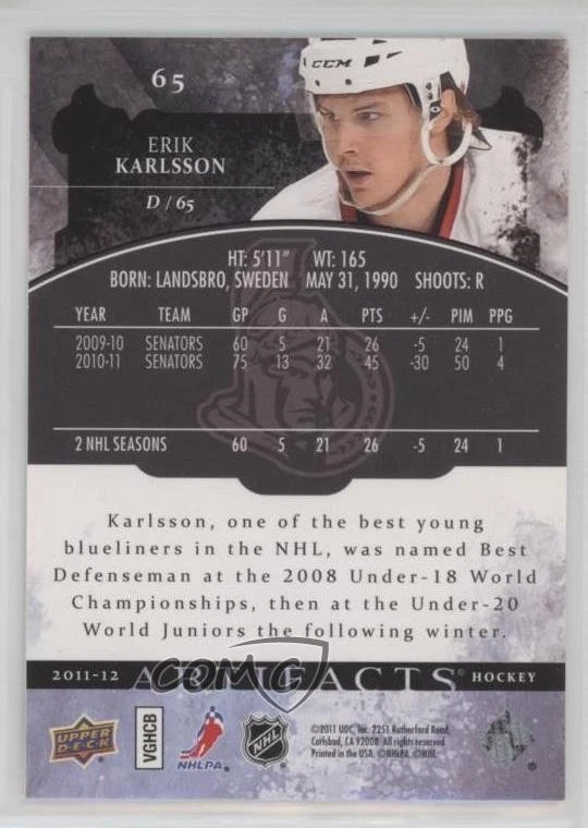 2011-12 Upper Deck Artifacts Erik Karlsson #65 - Image 2 of 2