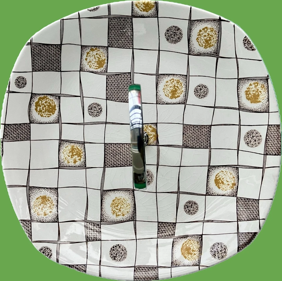 Midwinter Jessie Tait Homespun cake plate chrome TV screen handle 1950s mcm - Image 4 of 4