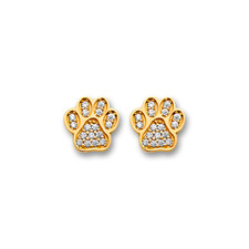 14K Real Gold Paw Stud Earrings with CZ Cute Pet Symbol Tehrani