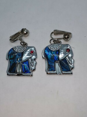 Blue Abalone Silvertone faux Ruby Elephant Leverback Earrings