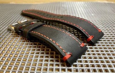 21mm BLACK Cow hide Leather Strap watch band with RED Open Stitch