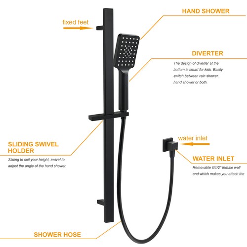 Matte Black Square Bathroom Wall Spout Basin Mixer Tap Shower Head Grate Waste - Picture 120 of 198