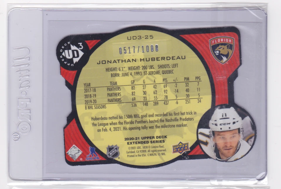 2020-21 UD EXTENDED SERIES UD3 SET /1000 JONATHAN HUBERDEAU #UD3-25 PANTHERS - Image 2 of 2
