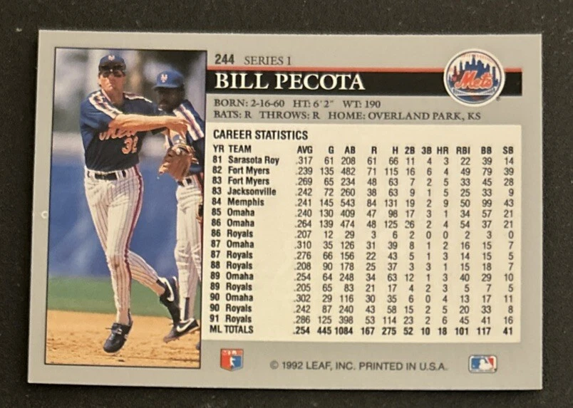 1992 Leaf Bill Pecota Baseball Card #244 Mets 3B VG O/C - Image 2 of 2
