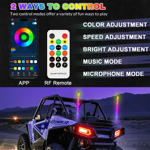 2Pcs 1FT Lighted LED Whip Light Antenna RGB Chasing For RZR Can-am X3 UTV ATV - Picture 2 of 9