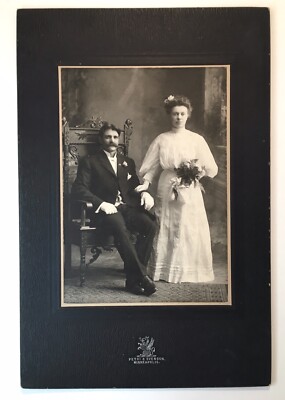 Antique Photo on Board Wedding Portrait Moustache Man & Young Bride Minnesota
