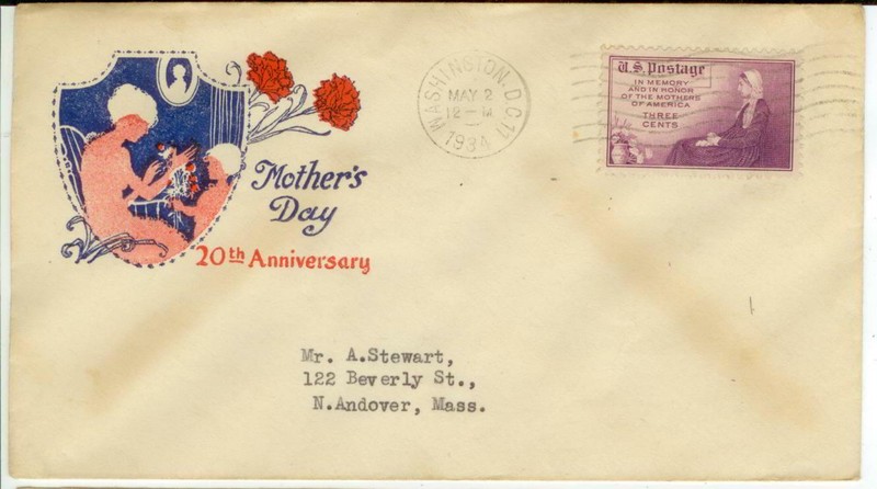 1934 Mother's Day Sc 738 Flat Plate First Day Cover - attractive color cachet